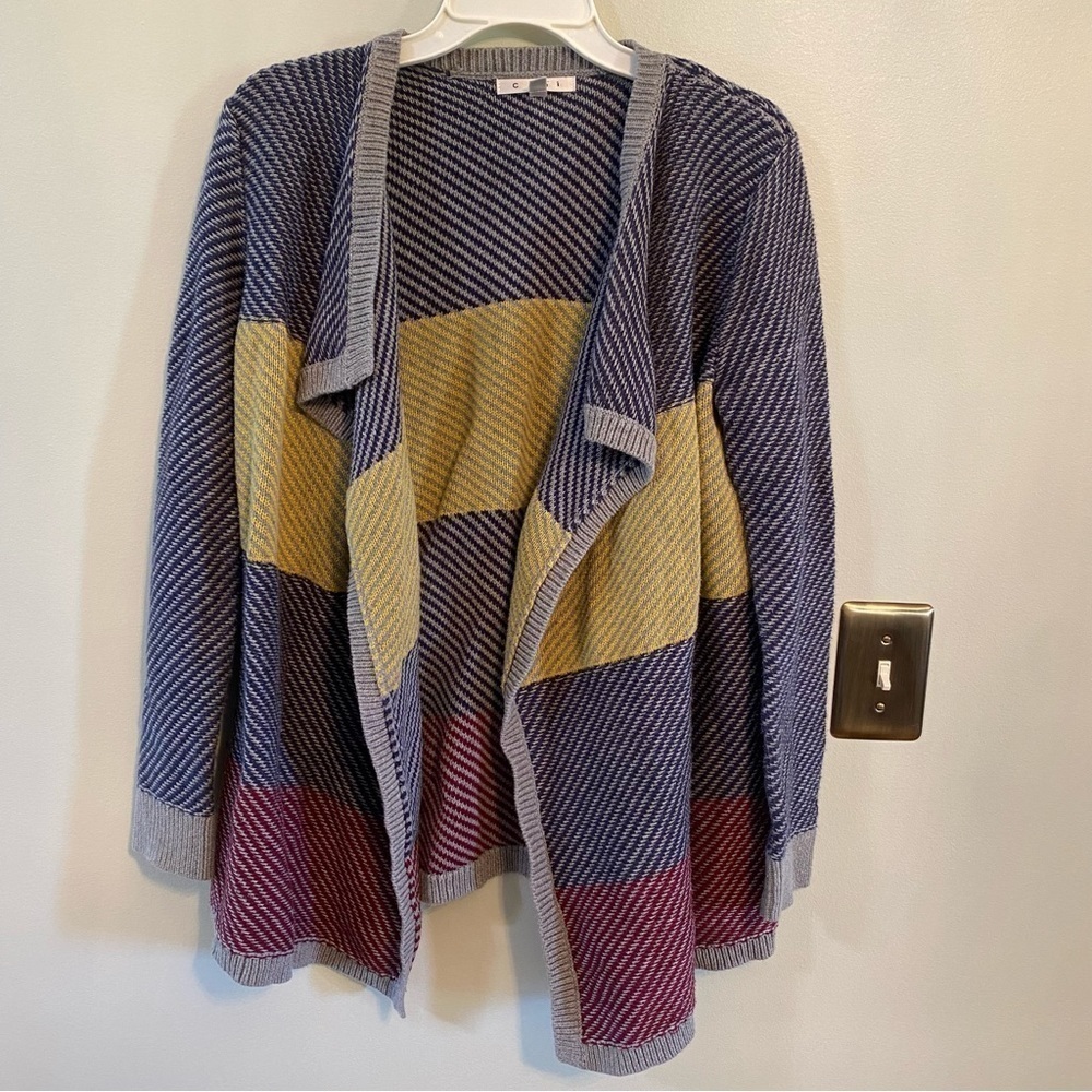 Cabi Waterfall Relaxed Yellow Grey Color Block Open Front Cardigan Size medium